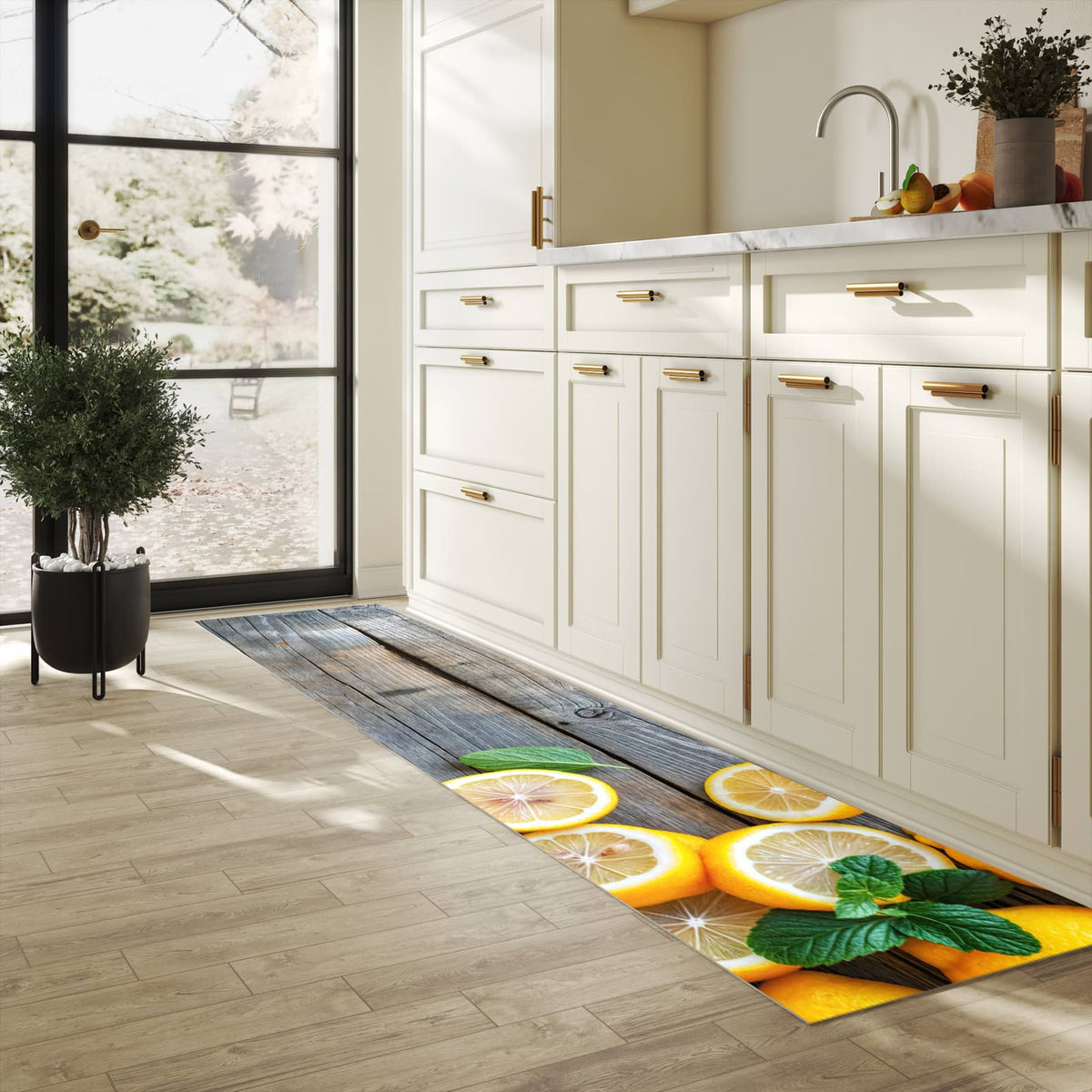 Fleckenresistenter waschbarer Läufer mit Motiv Lemon Fresh in heller Küche