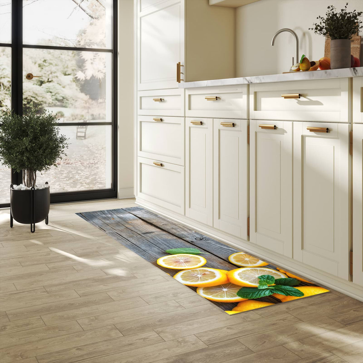 Komfortabler Küchenläufer mit Motiv Lemon Fresh in heller Küche für angenehmes Stehen