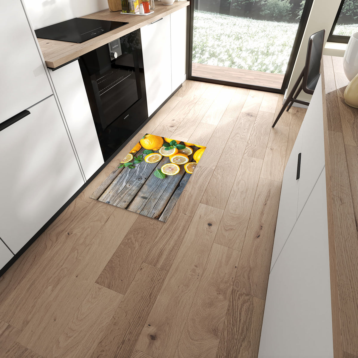 Fleckenresistenter abwaschbarer Küchenteppich mit Motiv Lemon Fresh in moderner Küche