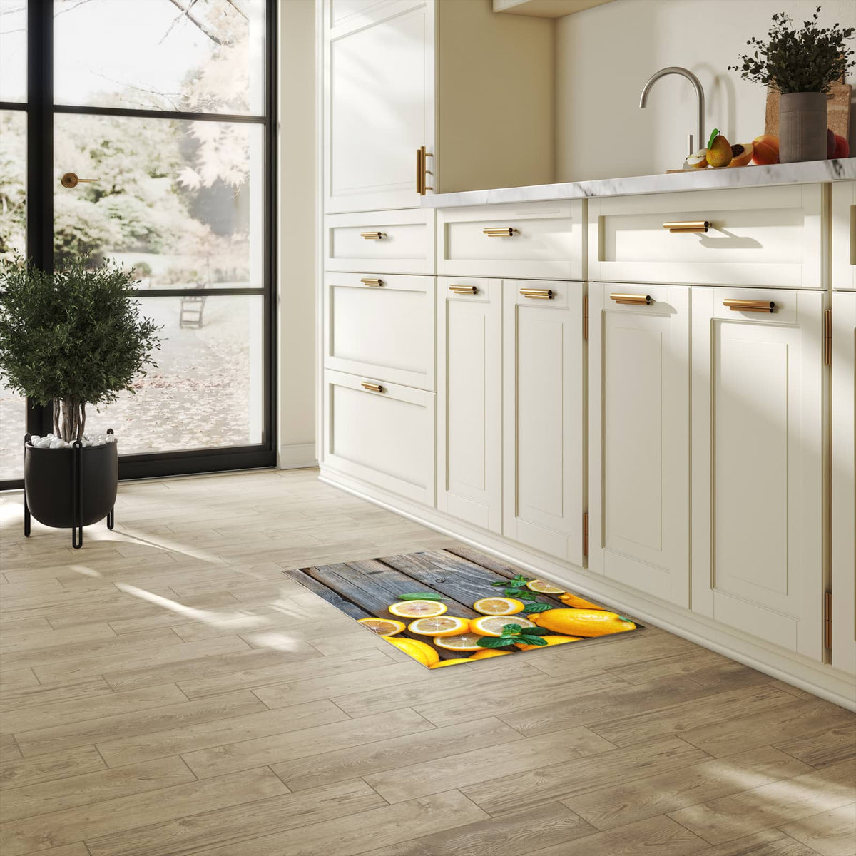 Schmutzabweisender waschbarer Küchenläufer mit Motiv Lemon Fresh in heller Küche