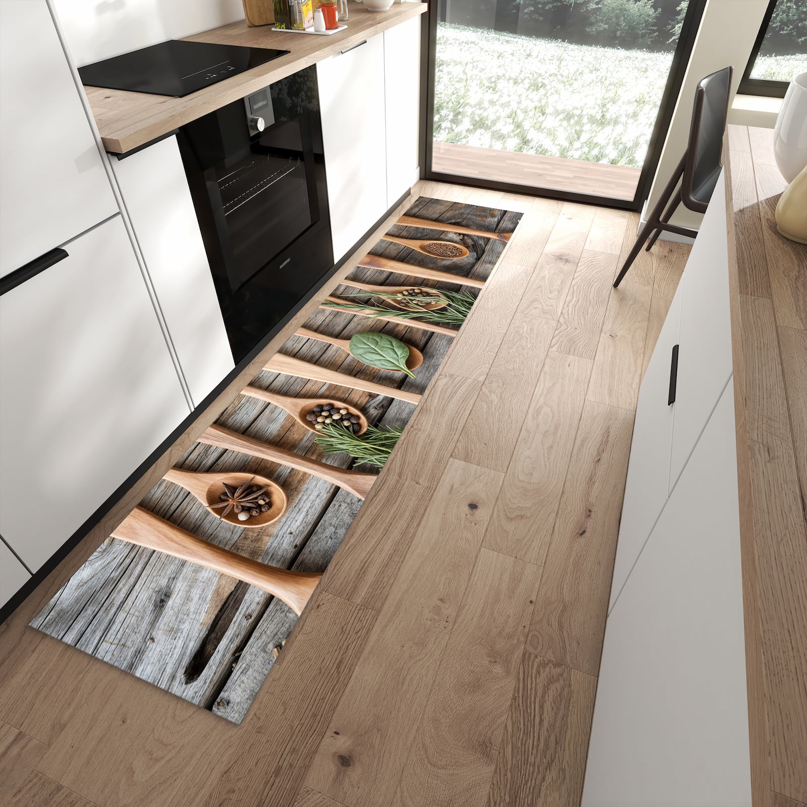 Langlebiger rutschfester Küchenteppich mit Motiv Holzlöffel und Kräuter in moderner Küche