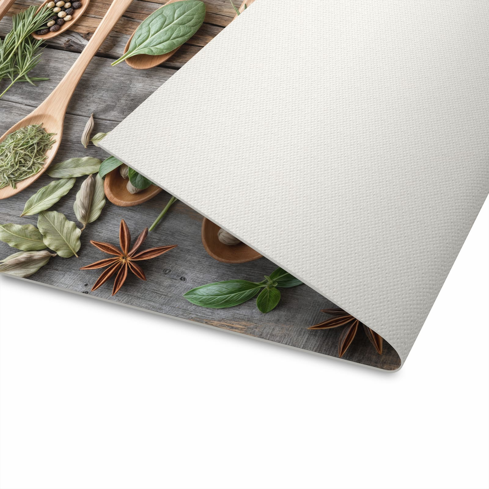 Pflegeleichter Läufer für die Küche mit Motiv Holzlöffel und Kräuter in der Unterseite