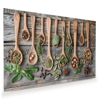 Wandbild mit dem Motiv Kräuter in Holzlöffeln