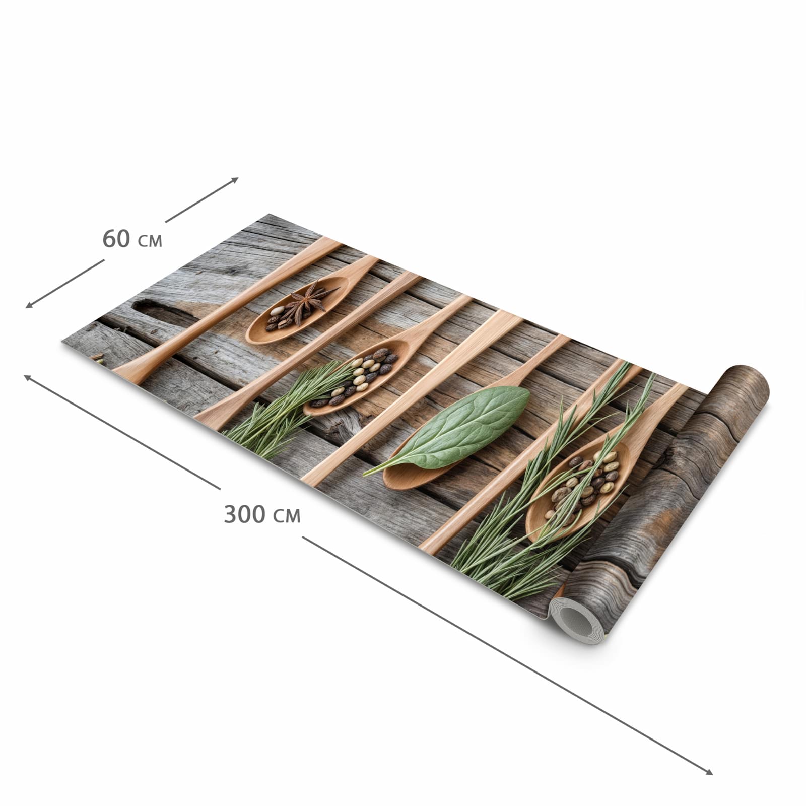 Langlebiger dünner Küchenteppich mit Motiv Holzlöffel und Kräuter in der Grösse 60x240 cm