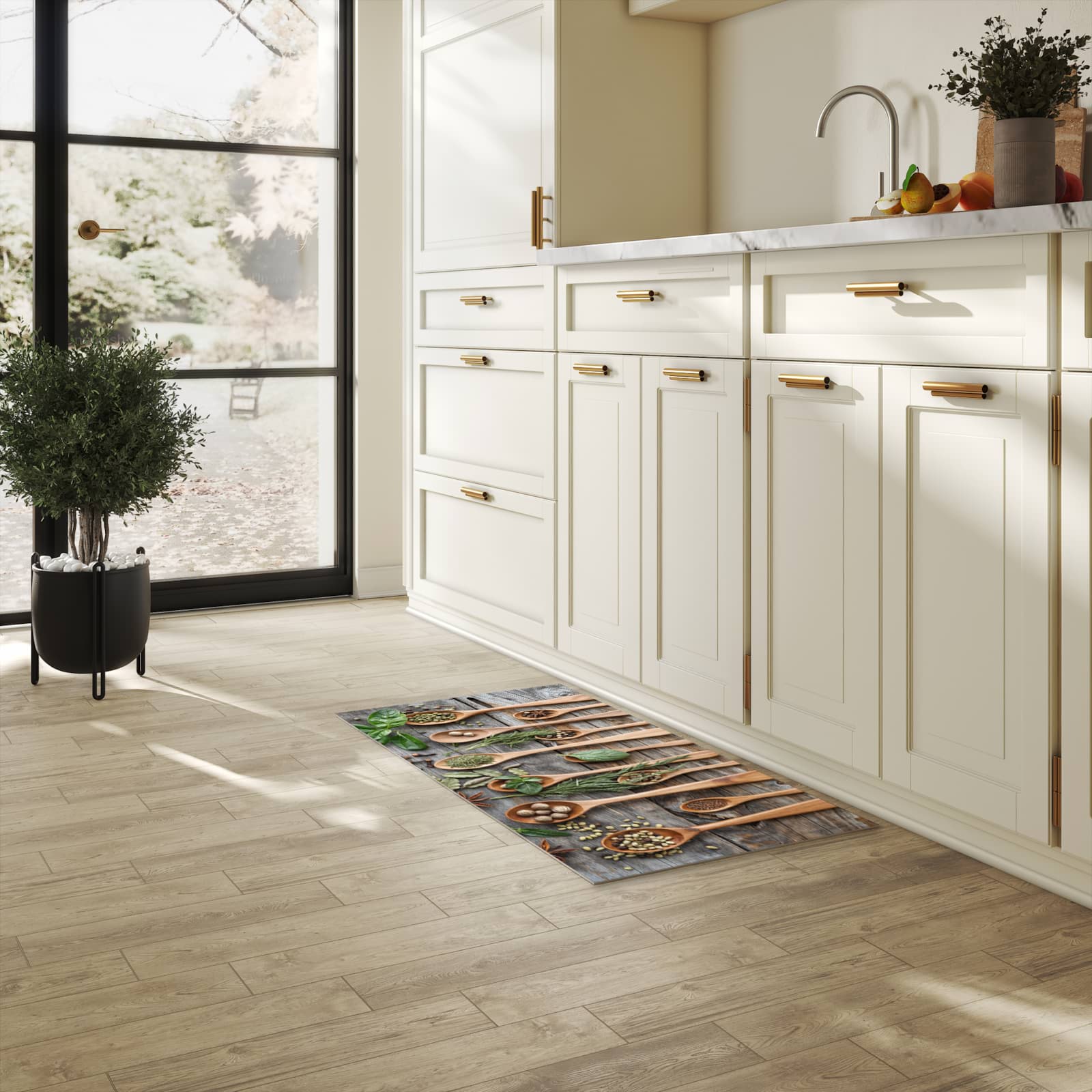 Hygienischer Küchenteppich mit Motiv Holzlöffel und Kräuter in heller Küche - abwaschbar