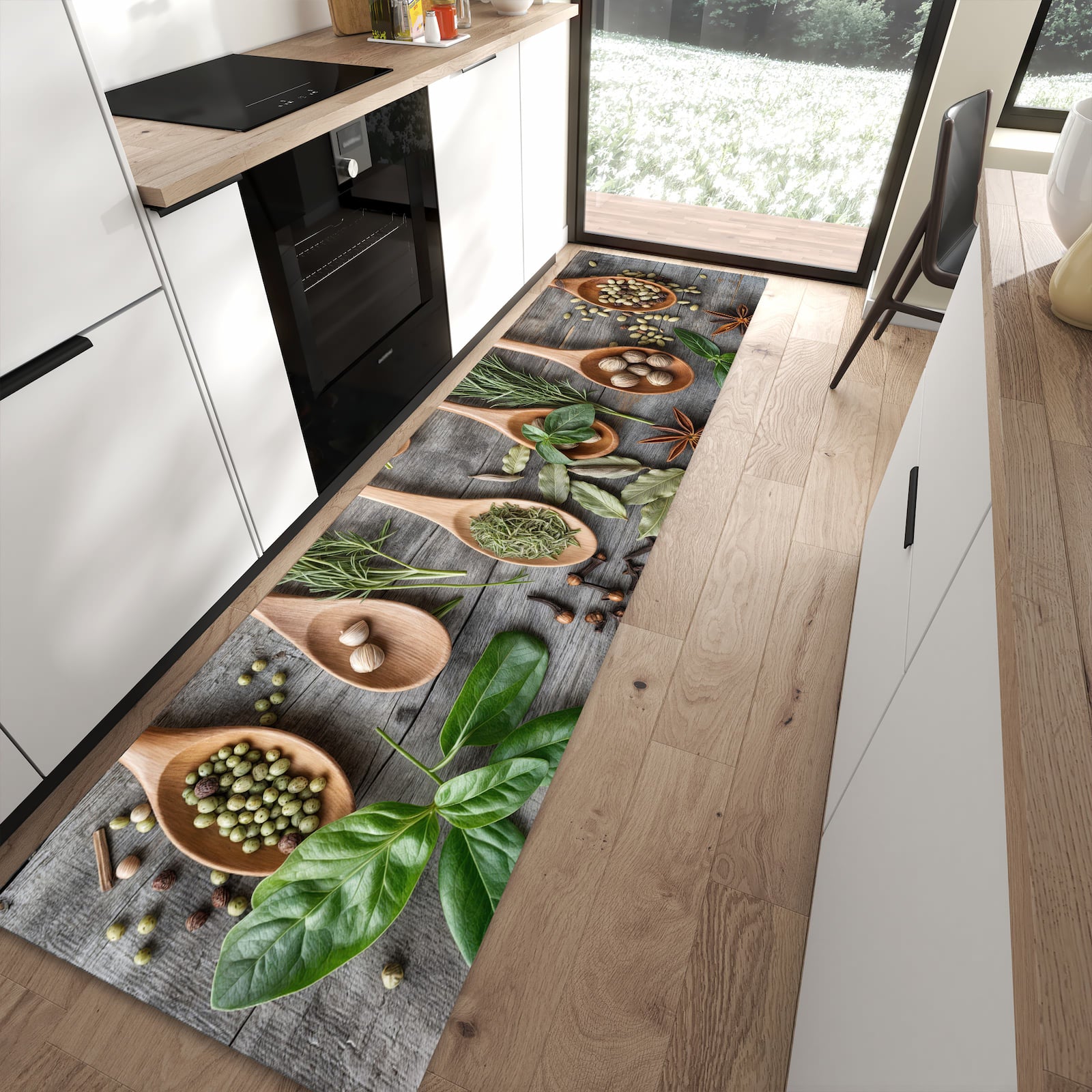 Farbbeständiger rutschfester Küchenläufer mit Motiv Holzlöffel und Kräuter in moderner Küche