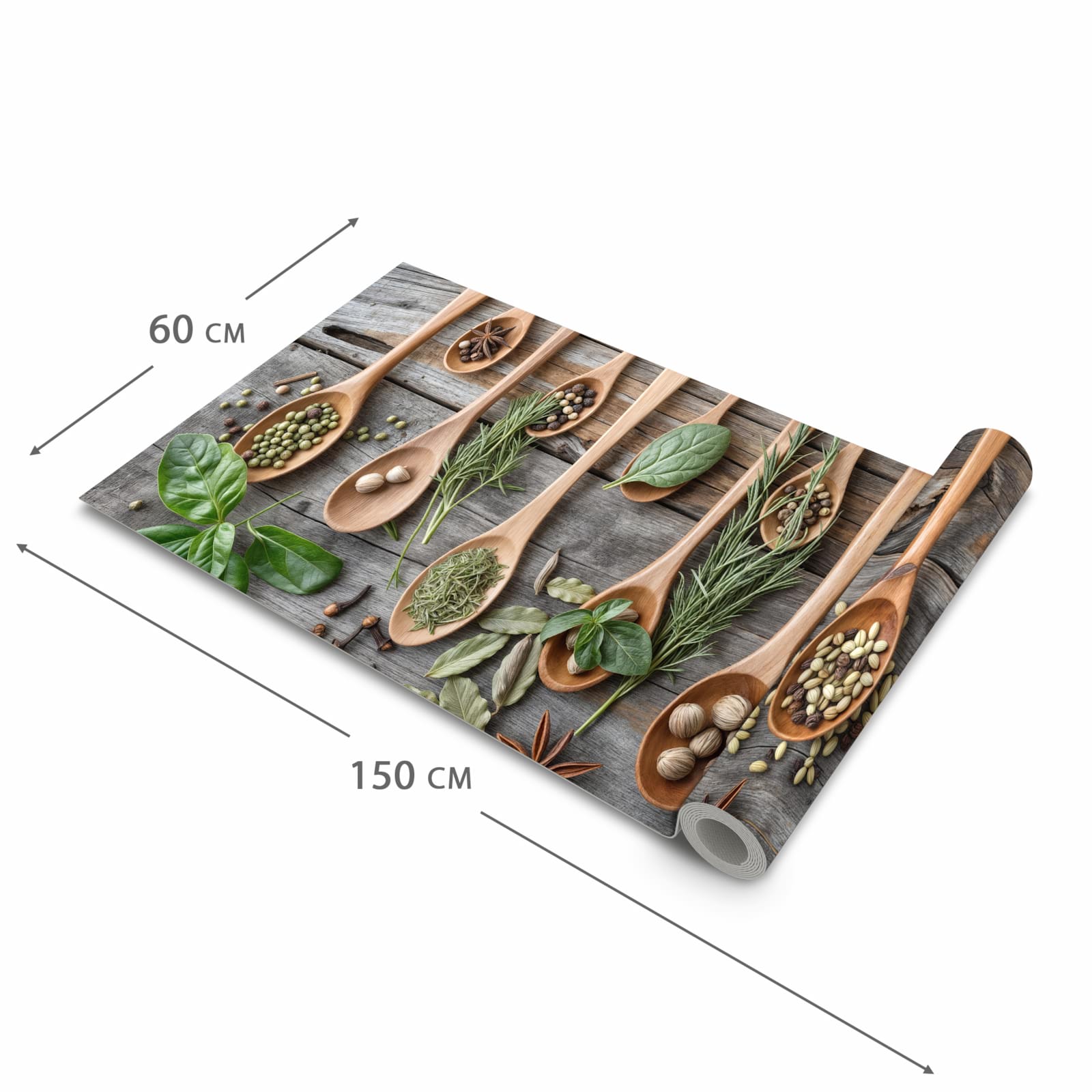 Waschbarer Küchenläufer mit Motiv Holzlöffel und Kräuter in der Größe 60x240 cm für angenehme Haptik