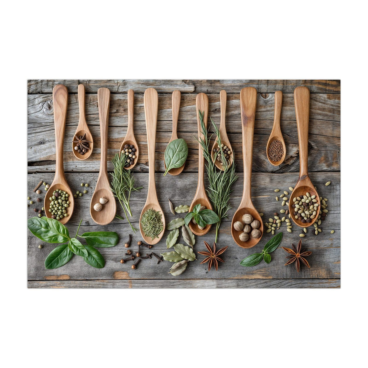 Küchenrückwand aus Glas Kräuter in Holzlöffeln im Hochformat, Motiv bildfüllend von vorn