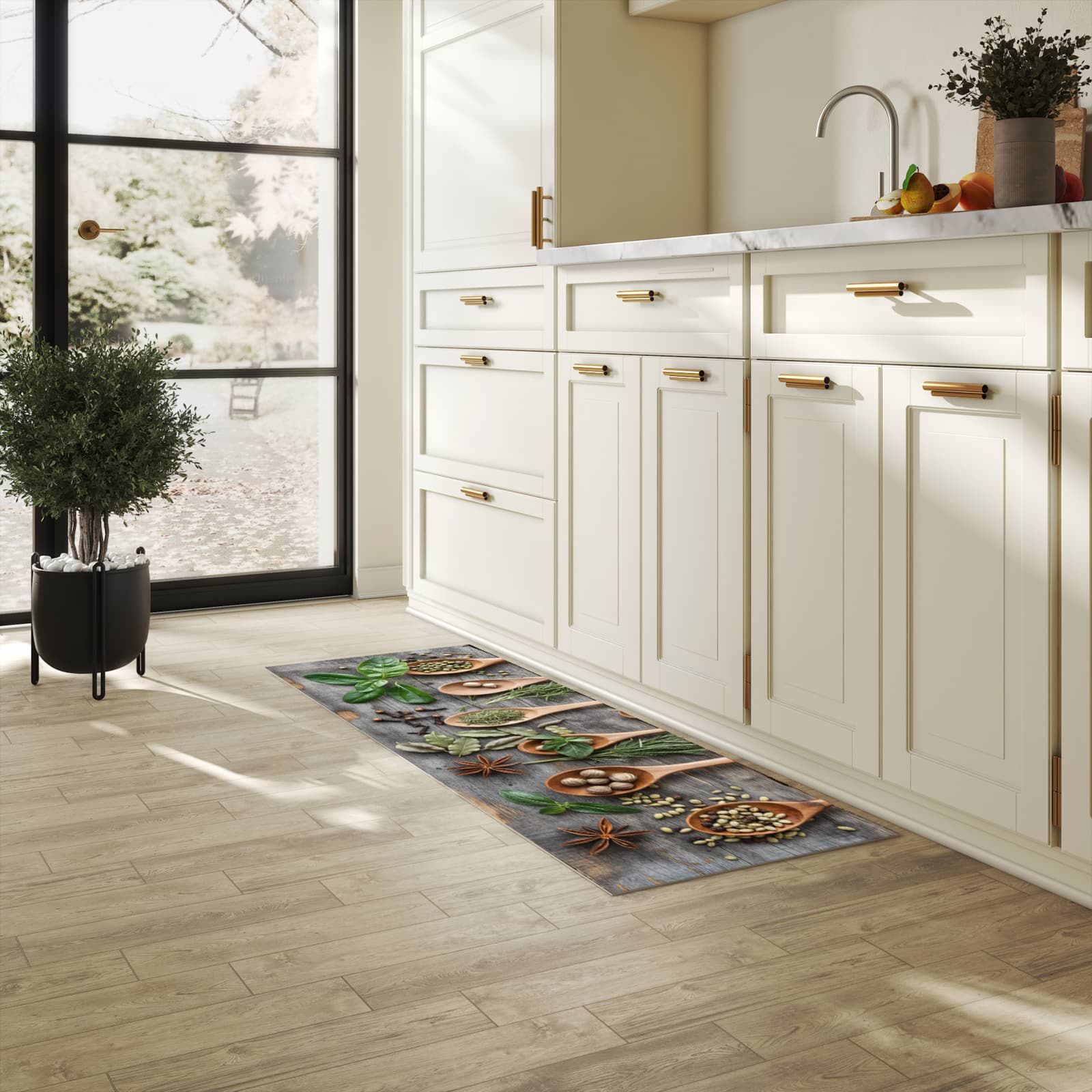 Waschbarer Küchenteppich mit Motiv Holzlöffel und Kräuter in heller Küche