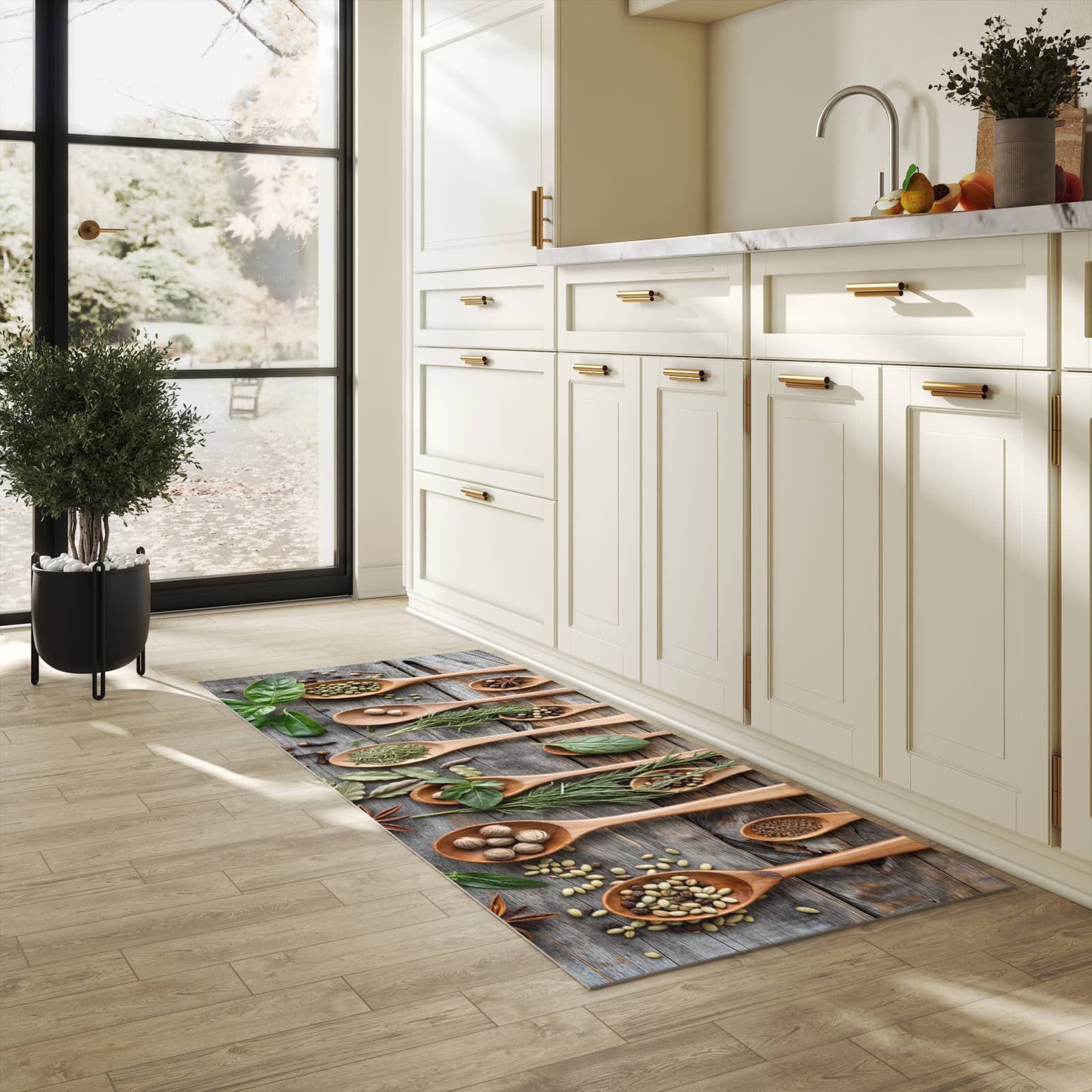 Küchenteppich mit Motiv Holzlöffel und Kräuter für Ordnung & Übersicht in heller Küche