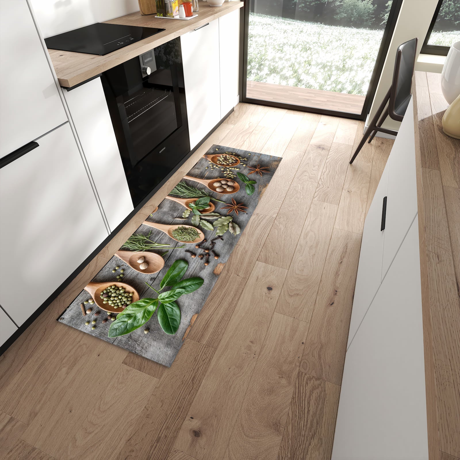 Strapazierfähiger waschbarer Küchenteppich mit Motiv Holzlöffel und Kräuter in moderner Küche
