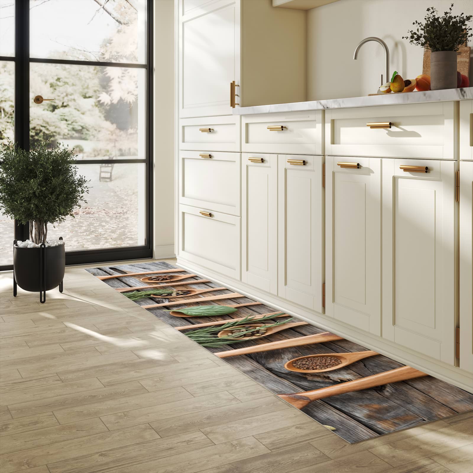 Feuchtigkeitsresistenter Teppich für die Küche mit Motiv Holzlöffel und Kräuter in heller Küche