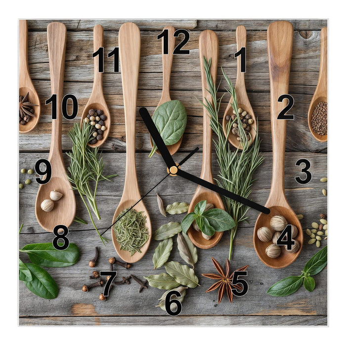 Wanduhr Holzlöffel und Kräuter aus Glas – Quadratisch 30 × 30 cm mit Ziffernblatt Modern