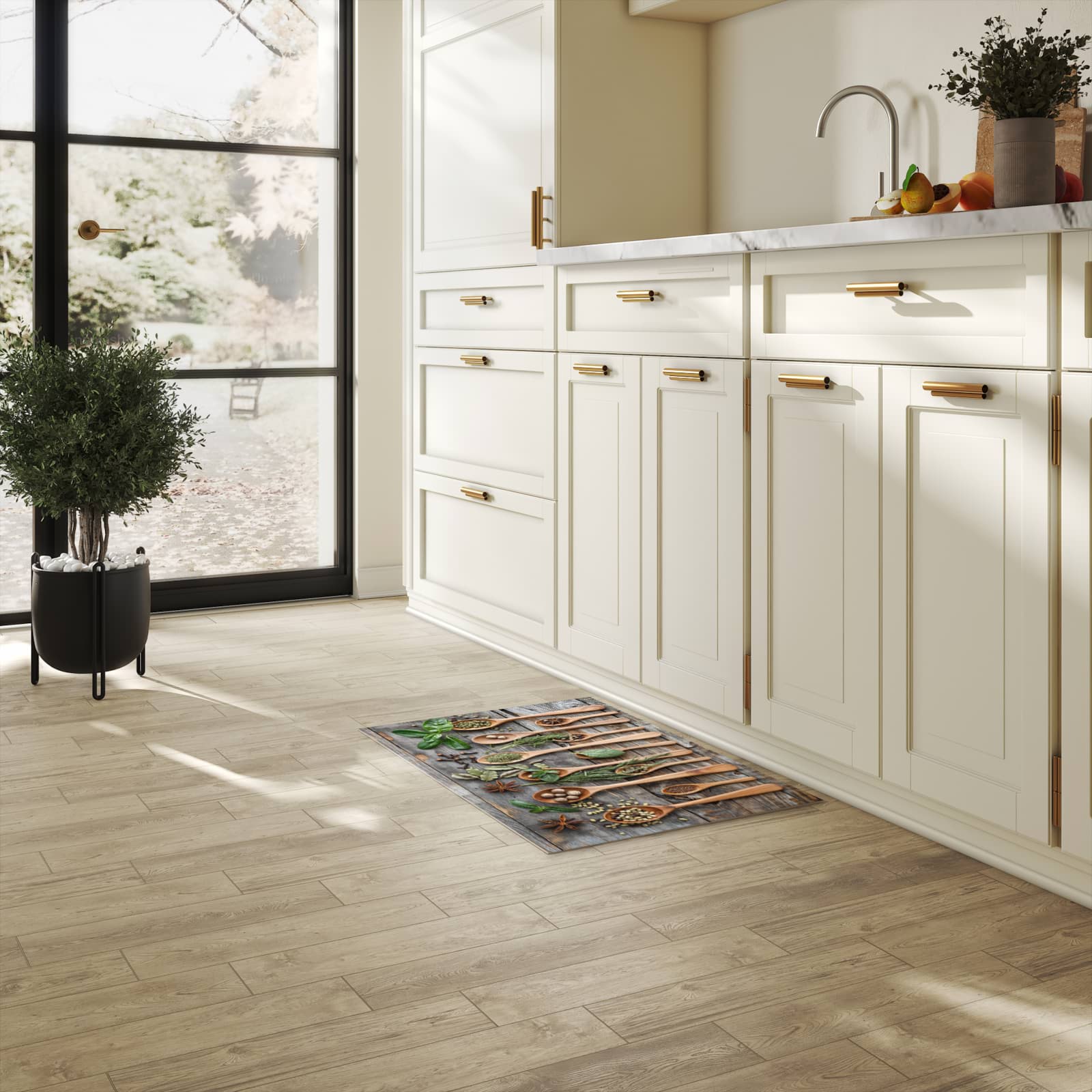 Bodenschonender Küchenteppich mit Motiv Holzlöffel und Kräuter in heller Küche
