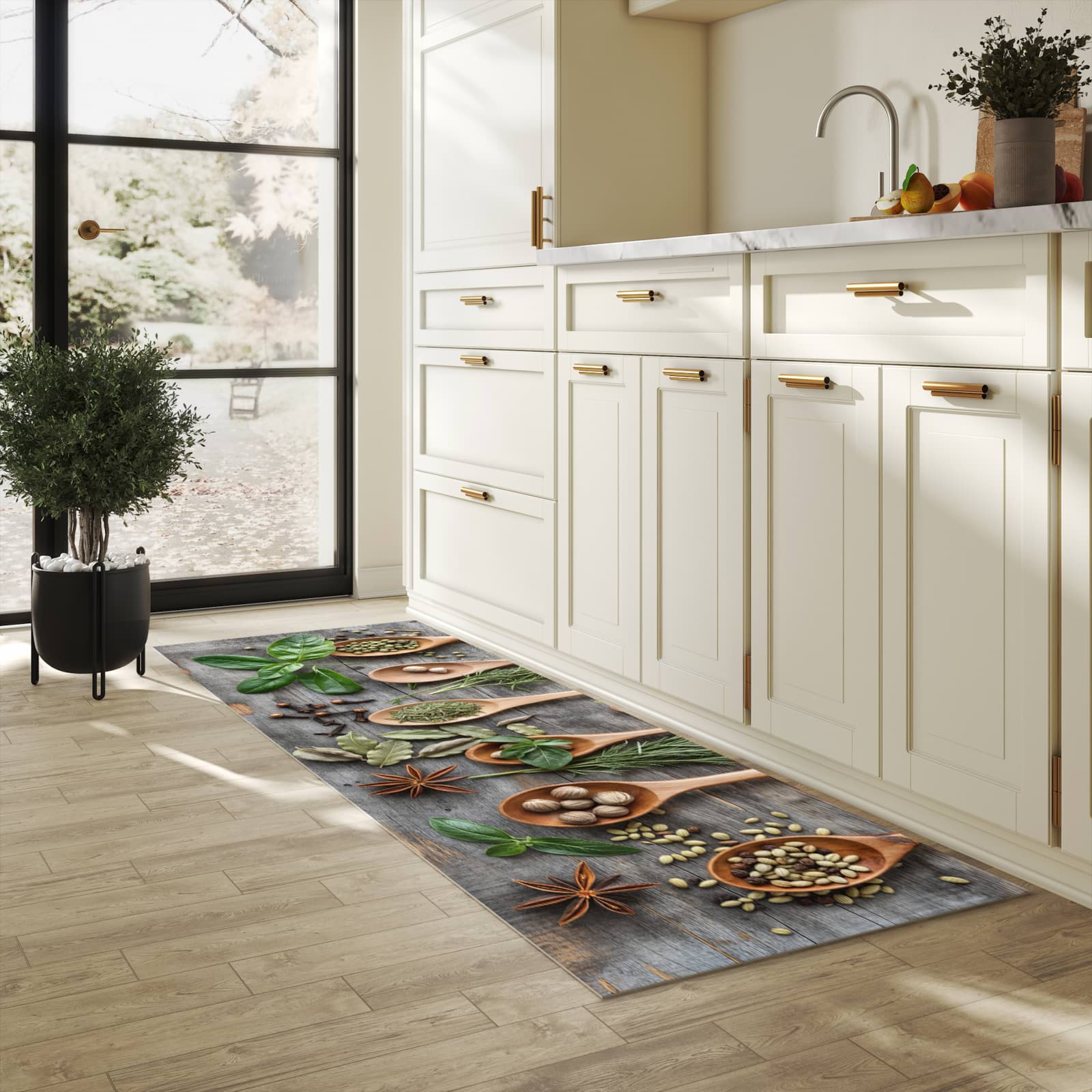 Bodenschonender Küchenteppich mit Motiv Holzlöffel und Kräuter in heller Küche