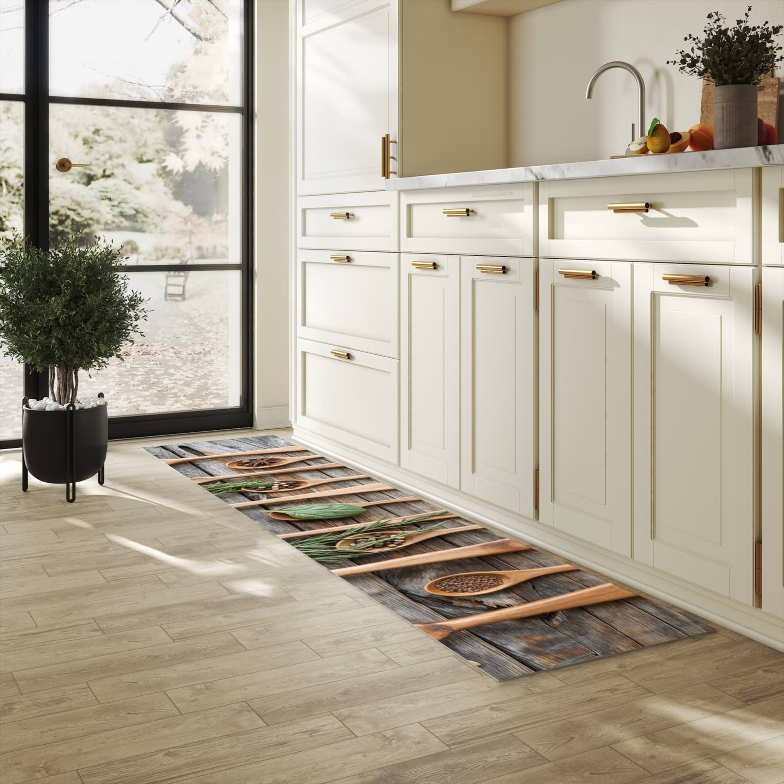Rutschfester Küchenteppich mit Motiv Holzlöffel und Kräuter in heller Küche
