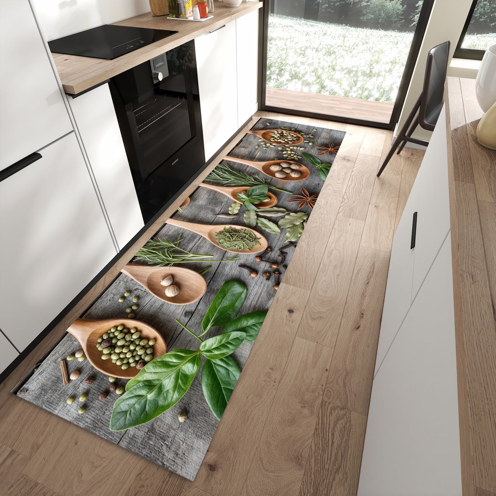 Bodenschonender Küchenläufer mit Motiv Holzlöffel und Kräuter in moderner Küche