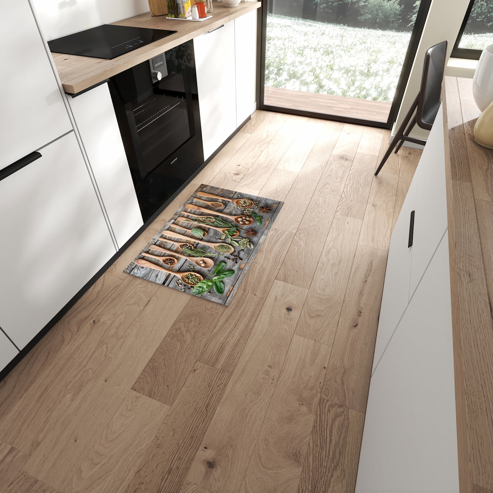 Feuchtigkeitsresistenter Küchenläufer mit Motiv Holzlöffel und Kräuter in moderner Küche