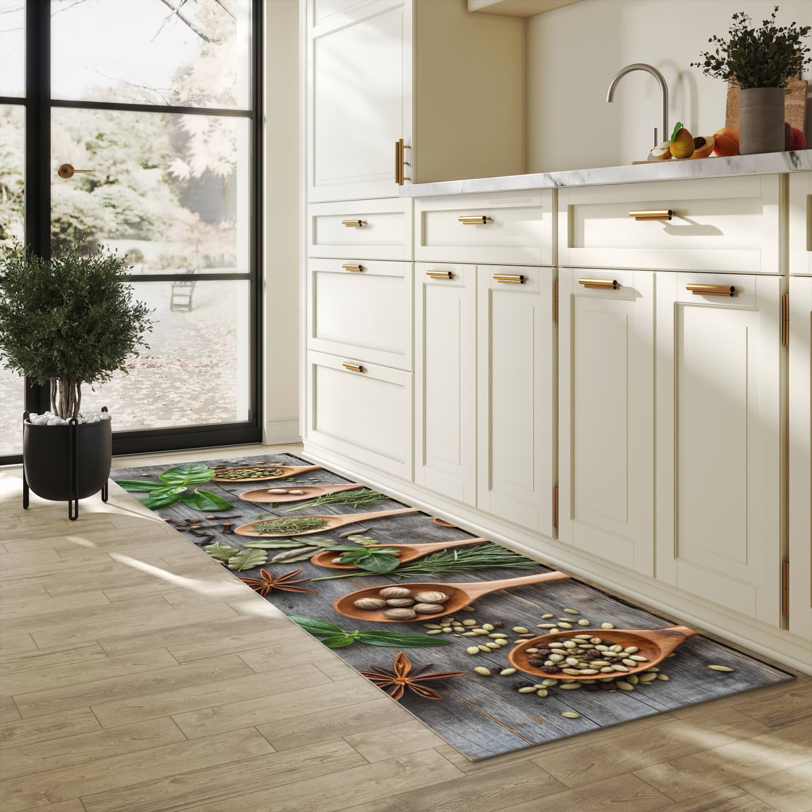 Farbbeständiger Läufer für die Küche mit Motiv Holzlöffel und Kräuter in heller Küche