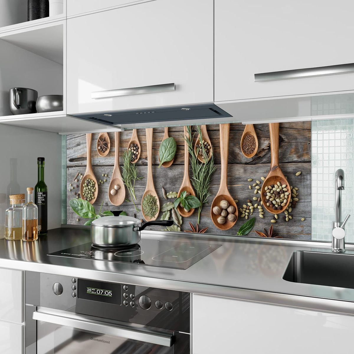 Küchenrückwand aus Glas Kräuter in Holzlöffeln im Hochformat als Spritzschutz hinter dem Kochfeld, über dem Fliesenspiegel montiert