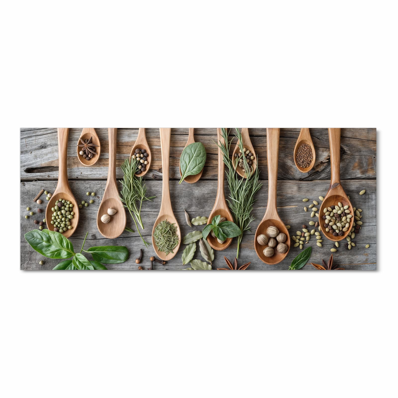 Langlebiger Küchenläufer mit Motiv Holzlöffel und Kräuter in Frontansicht für moderne Küchen