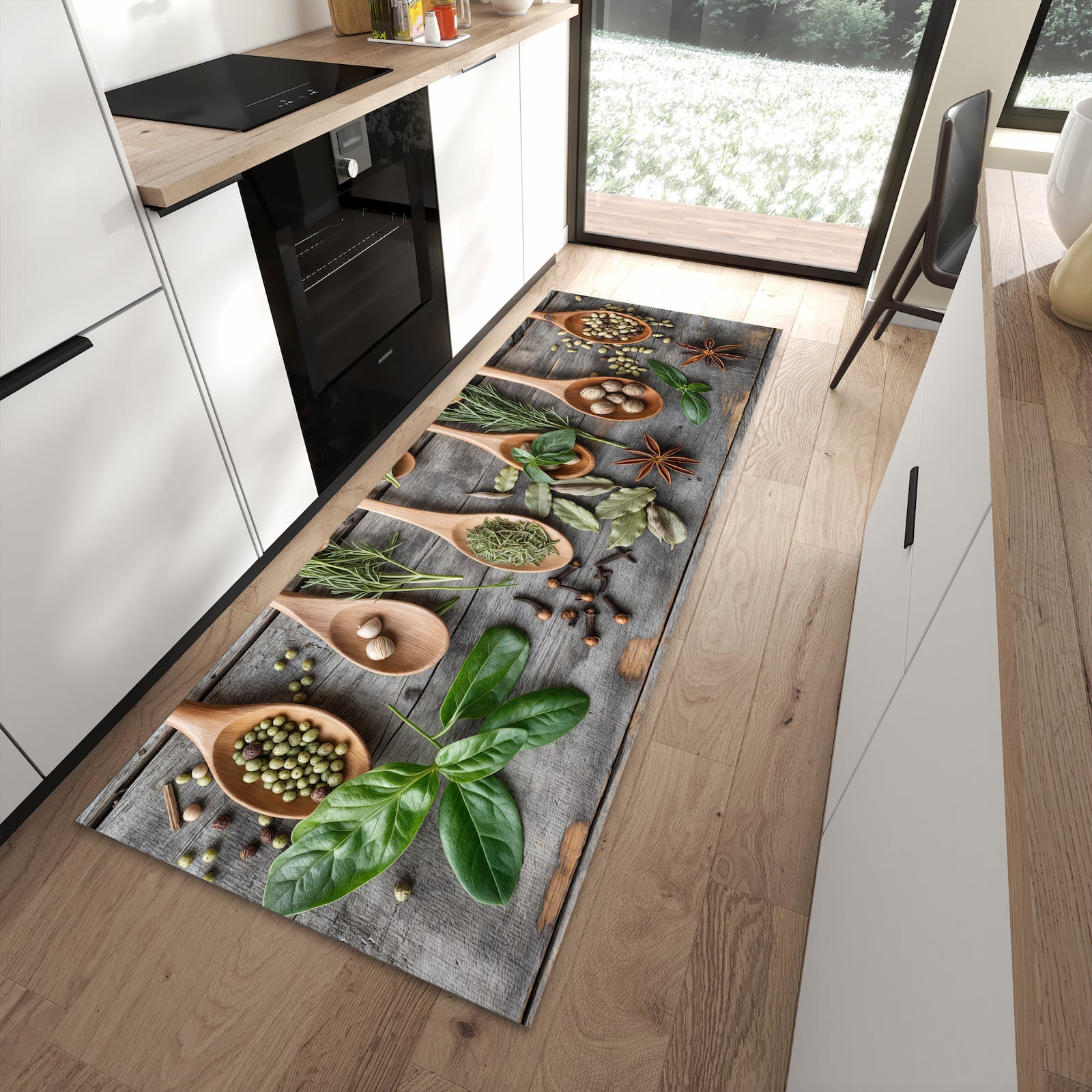 Waschbarer Küchenläufer mit Motiv Holzlöffel und Kräuter in moderner Küche für sicheres Aufbewahren