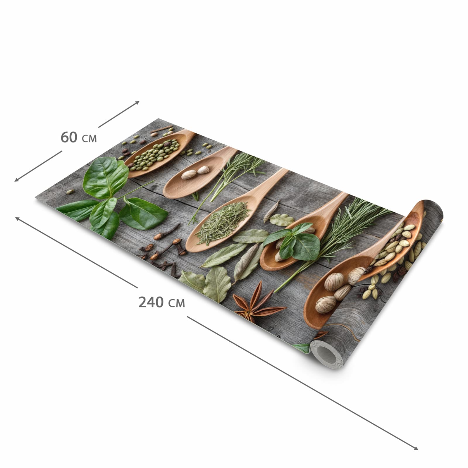 Strapazierfähiger Läufer für den Eingangsbereich mit Motiv Holzlöffel und Kräuter in der Größe 60x240 cm