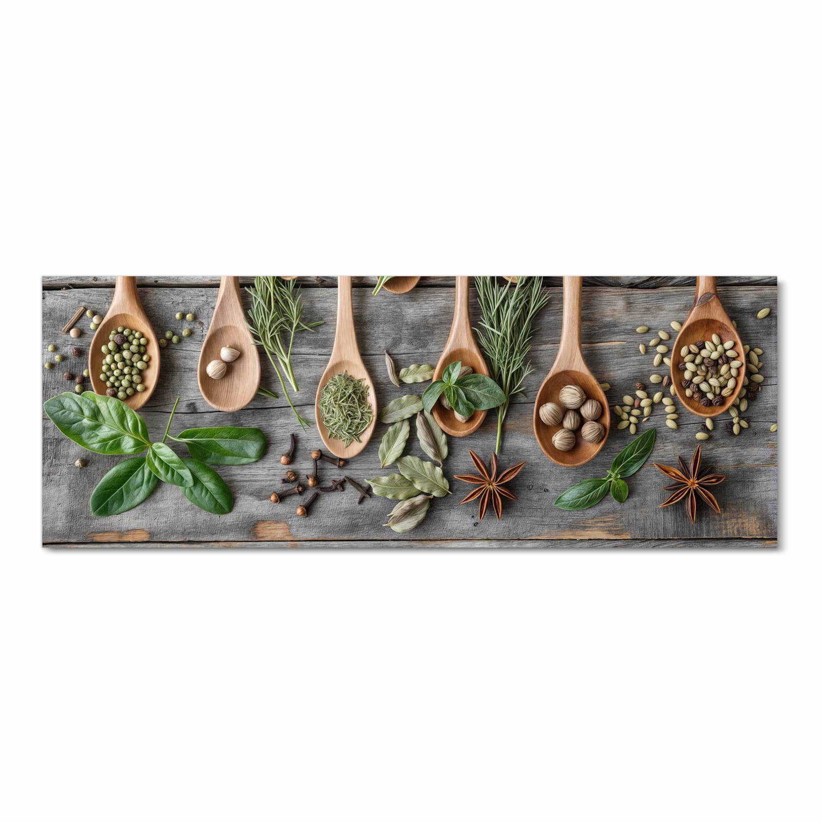 Zeitsparender Küchenteppich mit Motiv Holzlöffel und Kräuter in Frontansicht