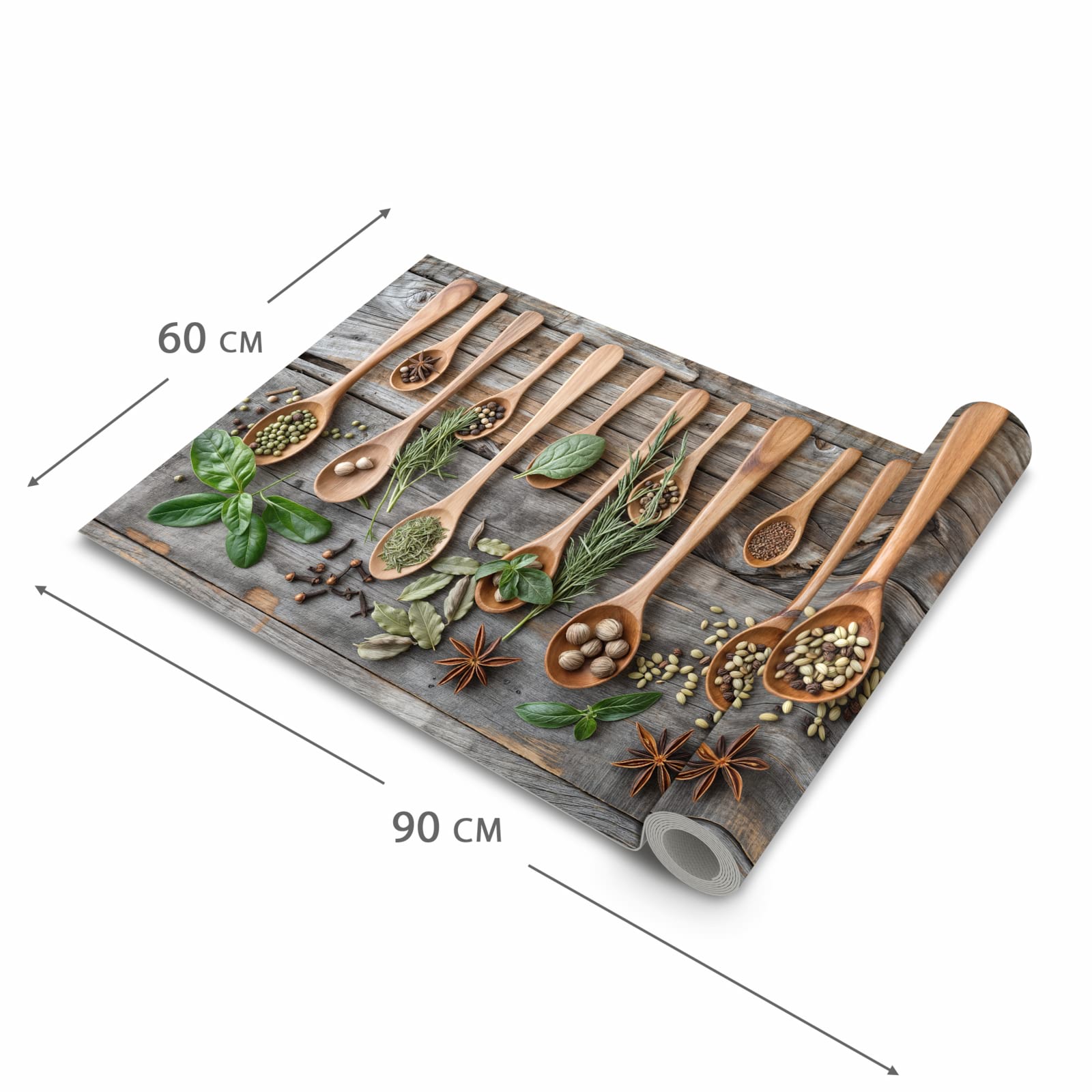 Rutschfester dünner Teppich mit Motiv Holzlöffel und Kräuter in der Grösse 60x240 cm