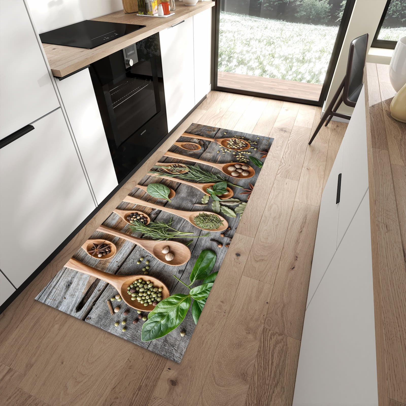 Bodenschonender Küchenläufer mit Motiv Holzlöffel und Kräuter in moderner Küche