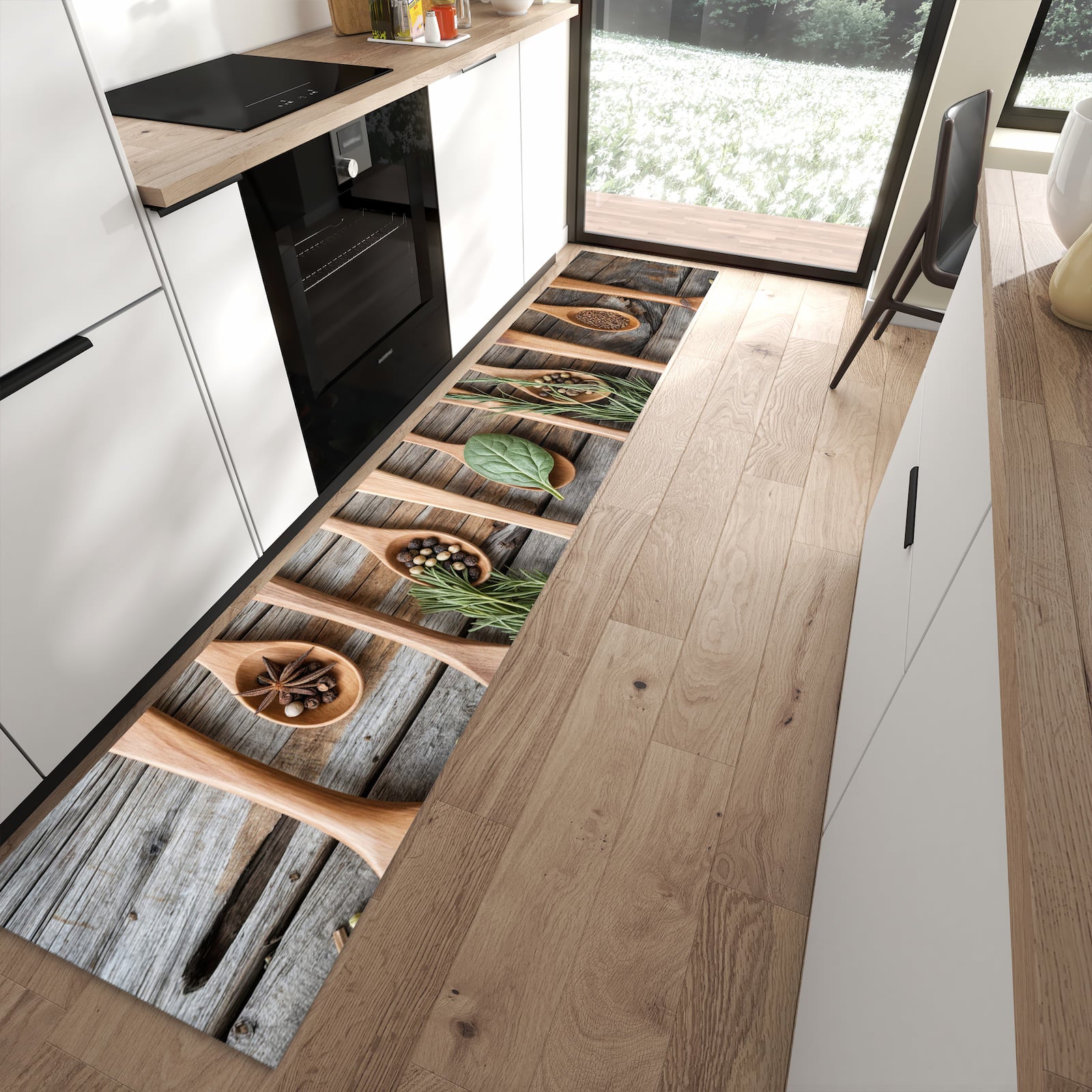 Rutschfester Küchenteppich mit Motiv Holzlöffel und Kräuter in moderner Küche