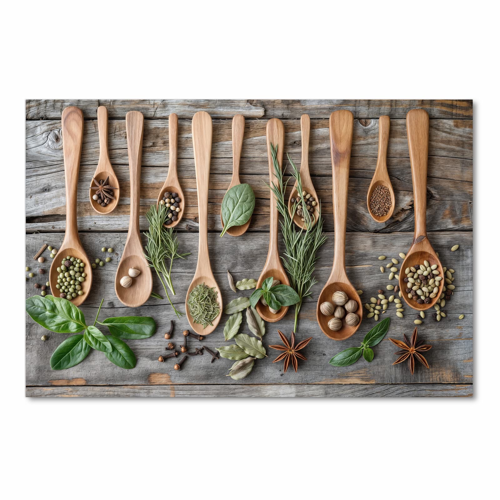 Bodenschonender abwaschbarer Küchenteppich mit Motiv Holzlöffel und Kräuter in Frontansicht