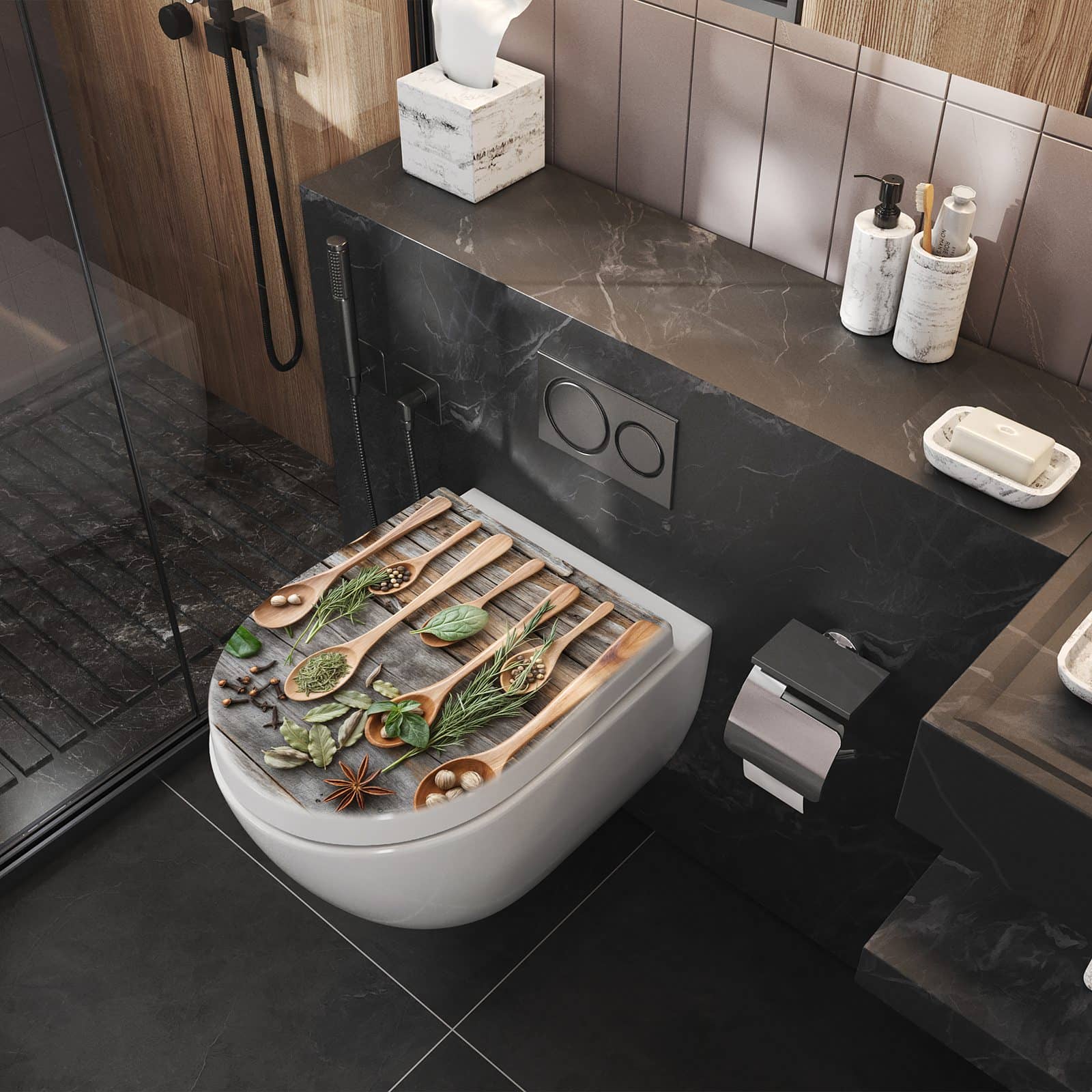 WC-Sitz mit Absenkautomatik Holzlöffel und Kräuter