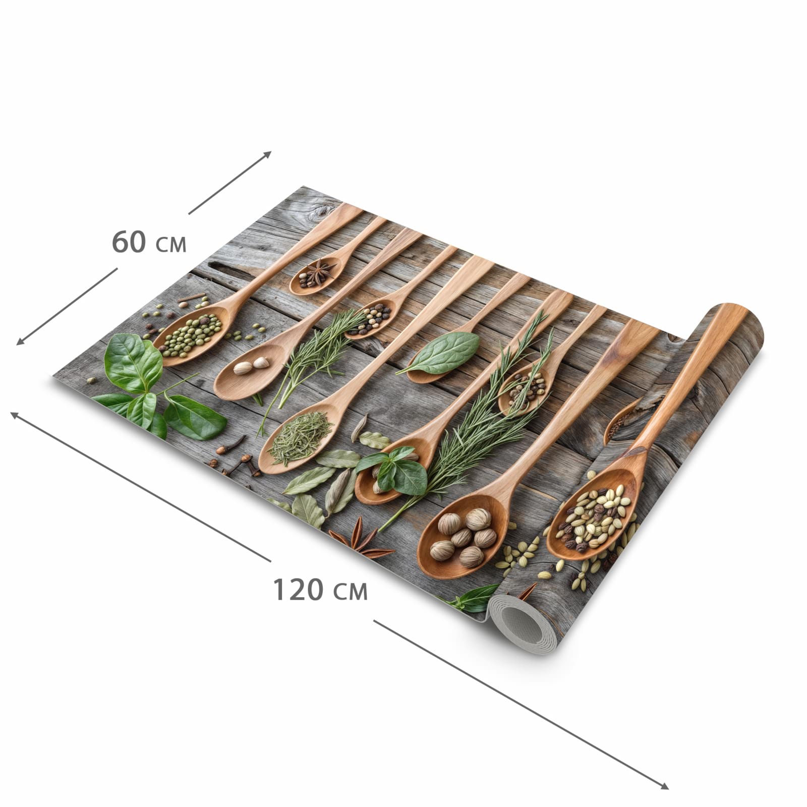 Waschbarer Küchenläufer mit Motiv Holzlöffel und Kräuter in der Grösse 60x240 cm