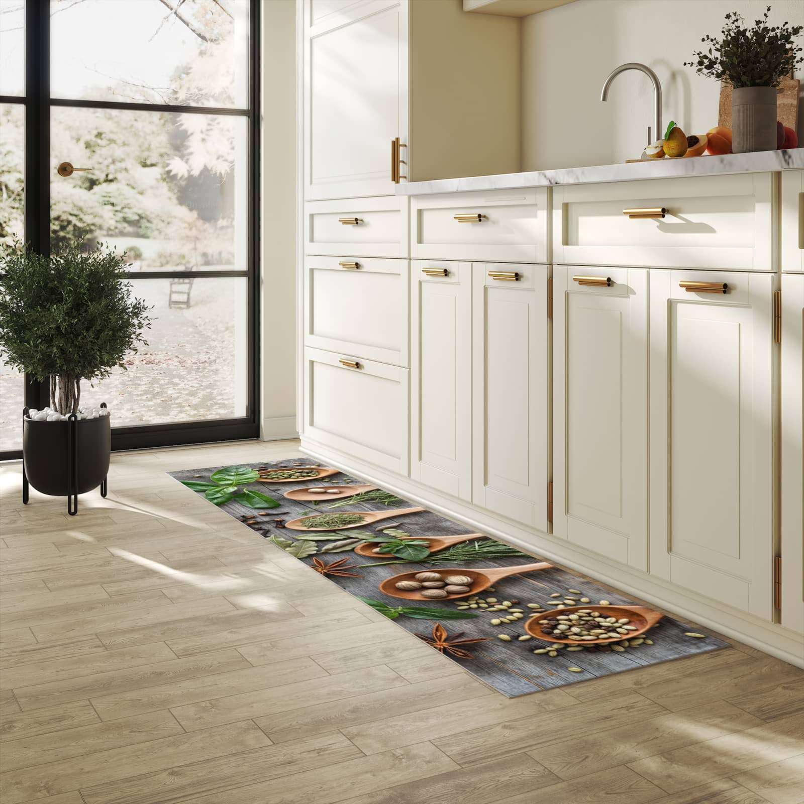 Langlebiger Küchenteppich mit Motiv Holzlöffel und Kräuter in heller Küche