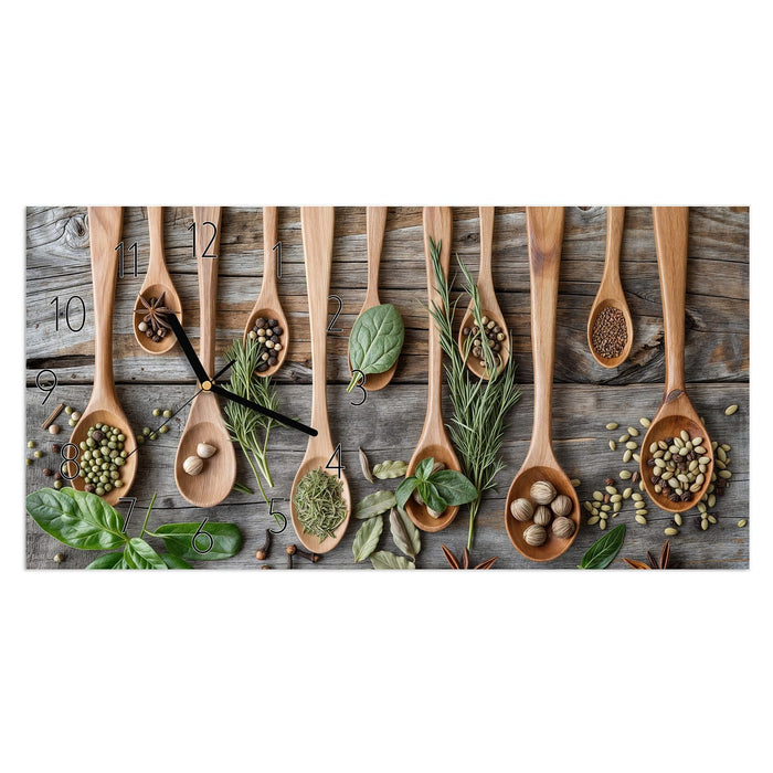 Wanduhr Holzlöffel und Kräuter aus Glas – Querformat 60 × 30 cm mit Ziffernblatt Elegant