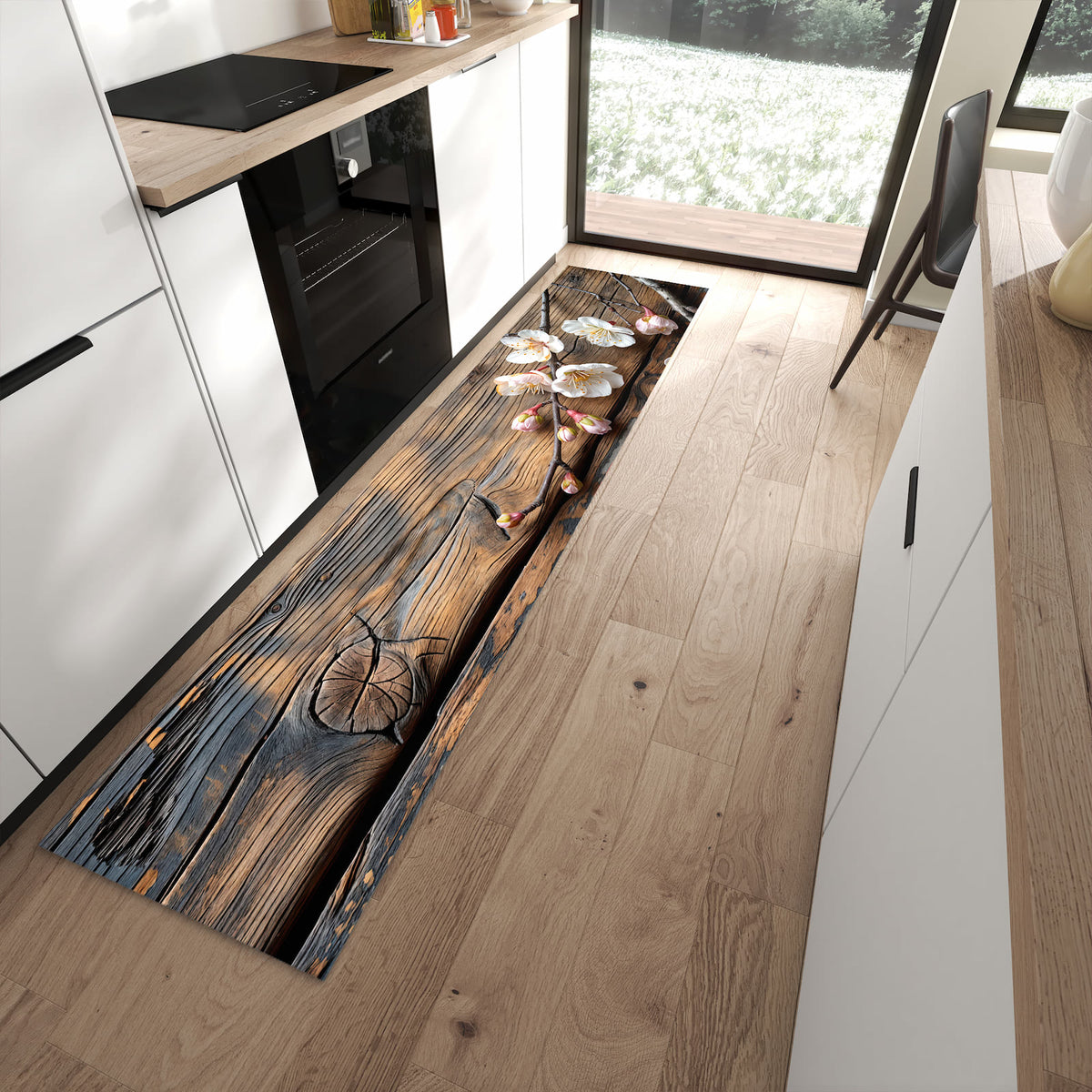 Fleckenresistenter waschbarer Teppich mit Motiv Kirschblüten Holz in moderner Küche