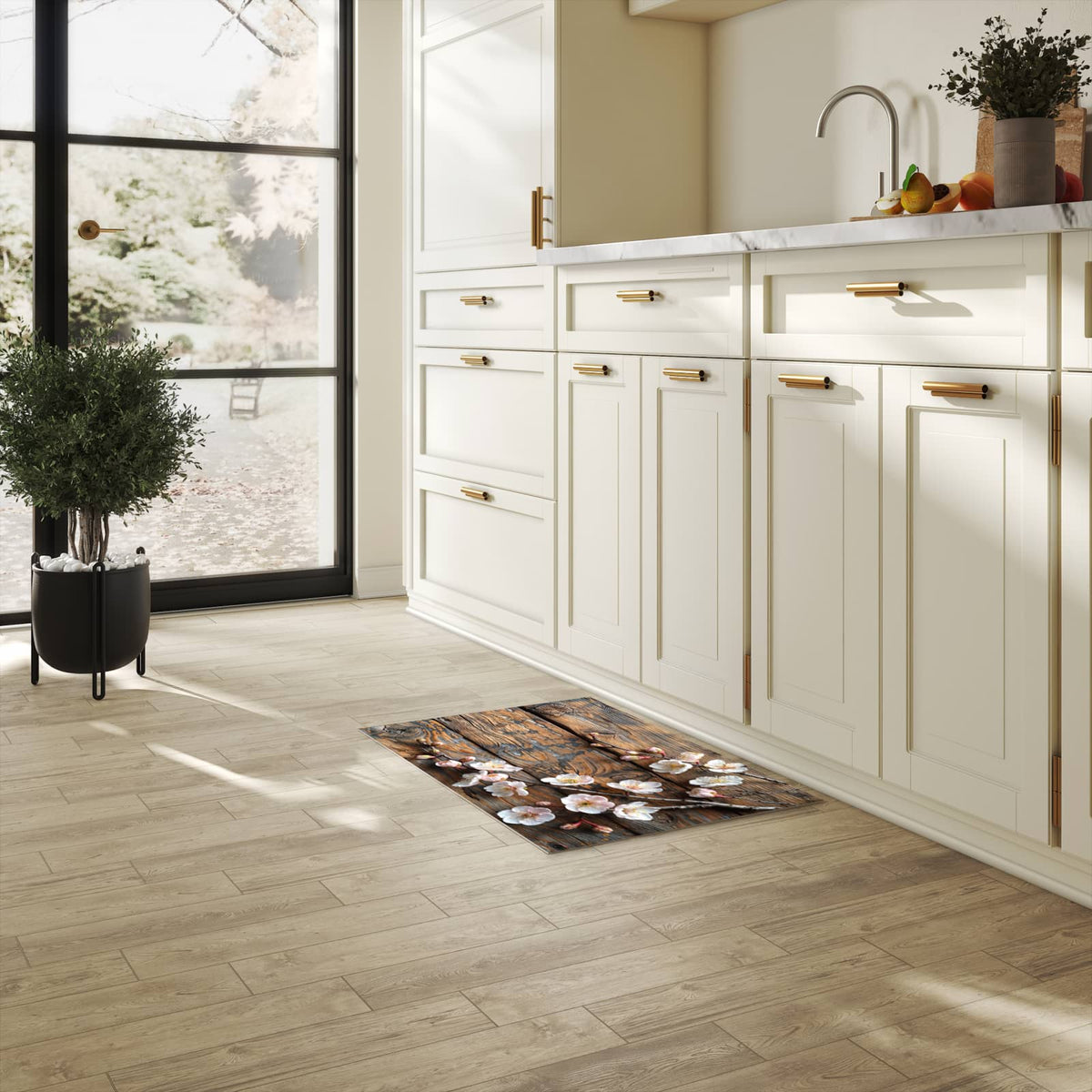 Langlebiger waschbarer Küchenläufer mit Motiv Kirschblüten Holz in heller Küche