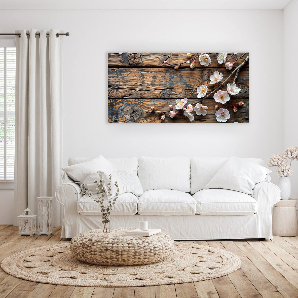 Wandbild - Kirschblüten auf Altholz - Querformat – Kirschblütenzweige auf dunklem Holz