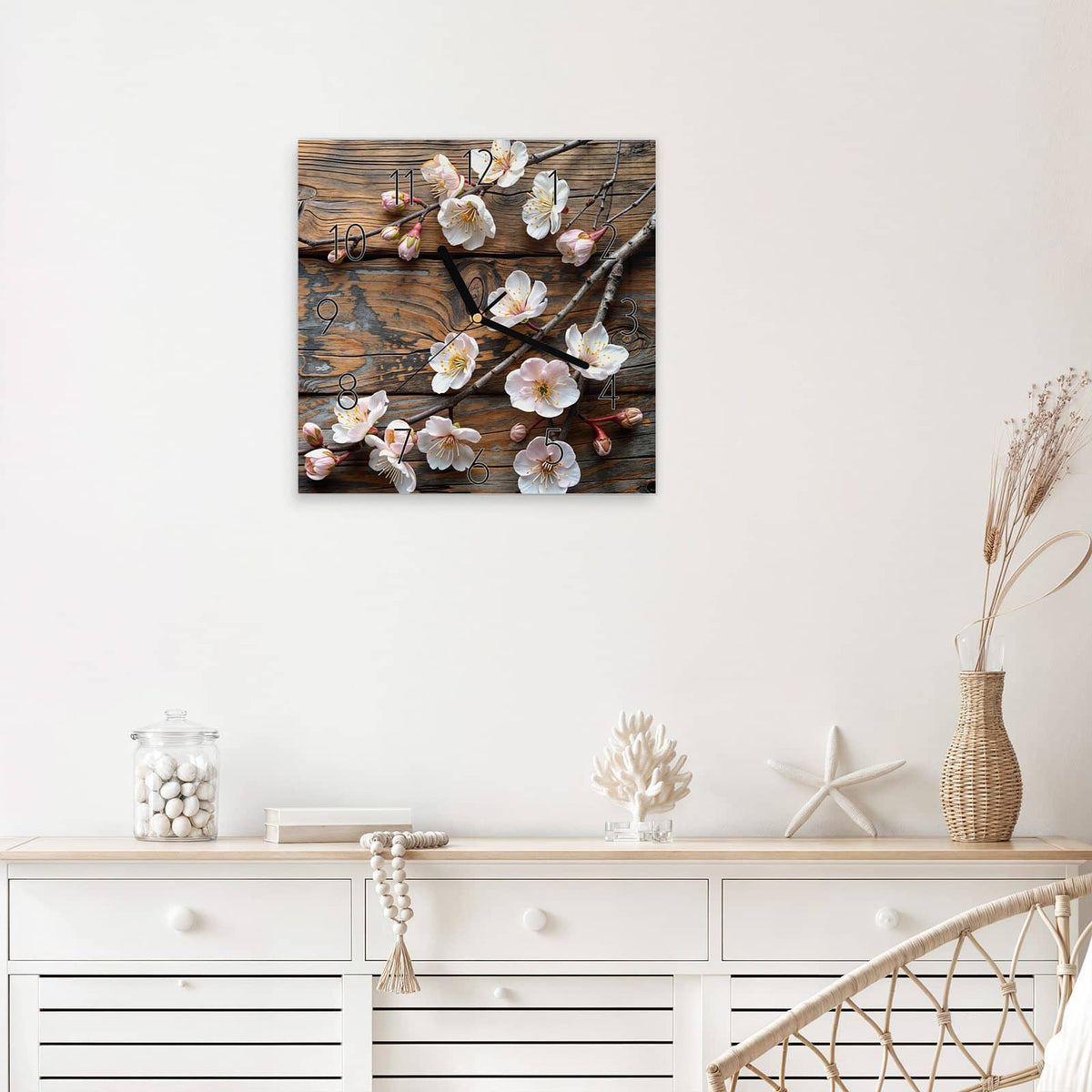 Wanduhr Kirschblüten auf Altholz aus Glas – Quadratisch 30 × 30 cm – Kirschblütenzweige auf dunklem Holz