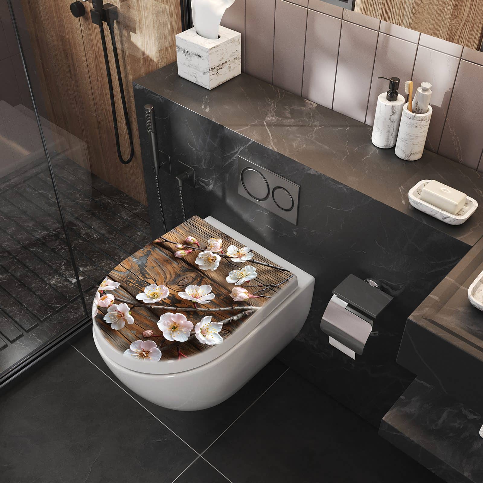 WC-Sitz mit Absenkautomatik Kirschblüten Holz