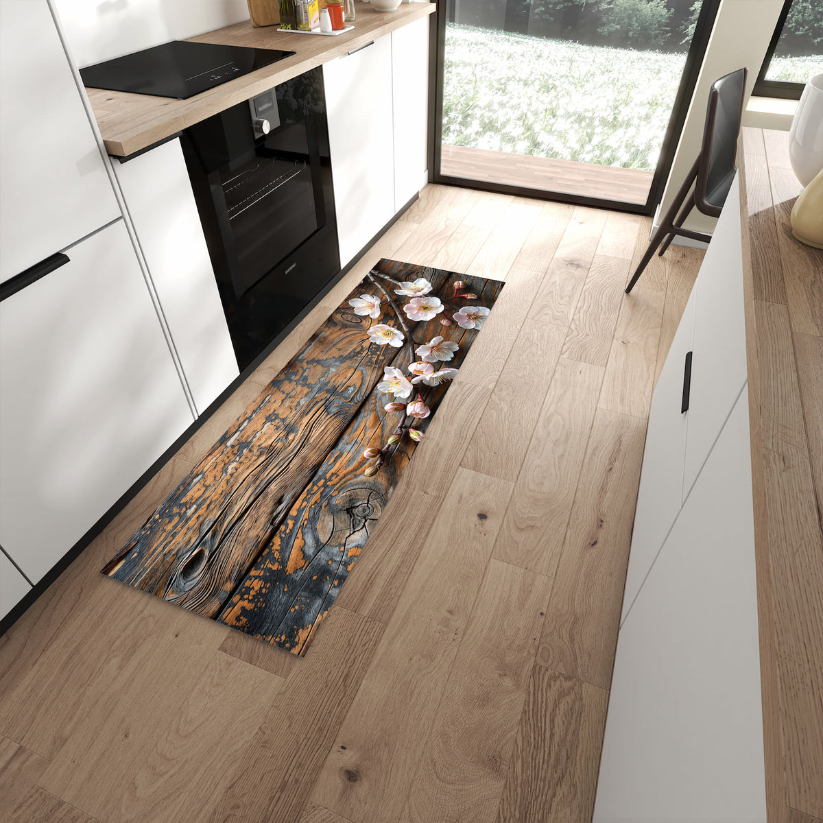 Rutschfester Küchenteppich mit Motiv Kirschblüten Holz für Trittkomfort in moderner Küche
