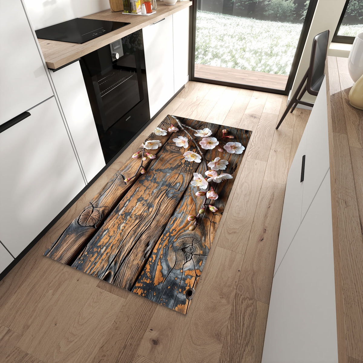 Rutschfester Küchenläufer mit Motiv Kirschblüten Holz in moderner Küche