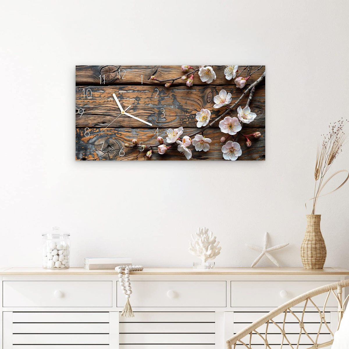 Wanduhr Kirschblüten Holz aus Glas – Querformat 60 × 30 cm – Kirschblütenzweige auf dunklem Holz