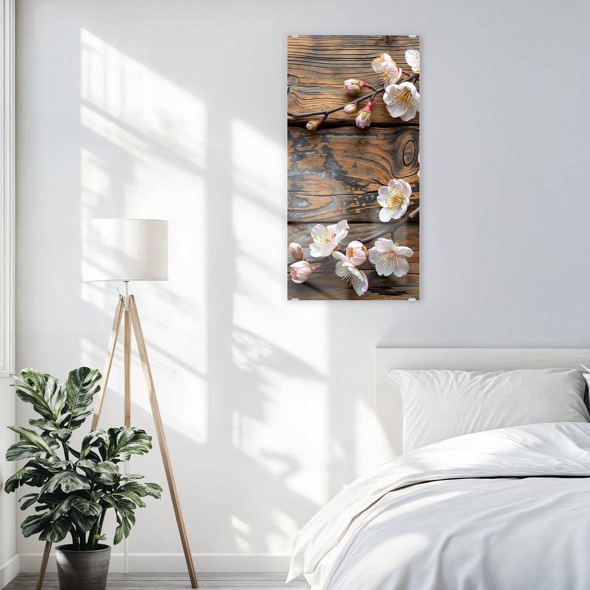 Glasbild Kirschblüten auf Altholz an der Wand – Kirschblütenzweige liegen auf grob verwitterten, braun-grauen Holzbohlen
