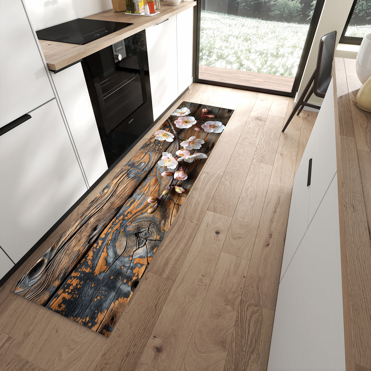 Waschbarer dünner Küchenteppich mit Motiv Kirschblüten Holz in moderner Küche