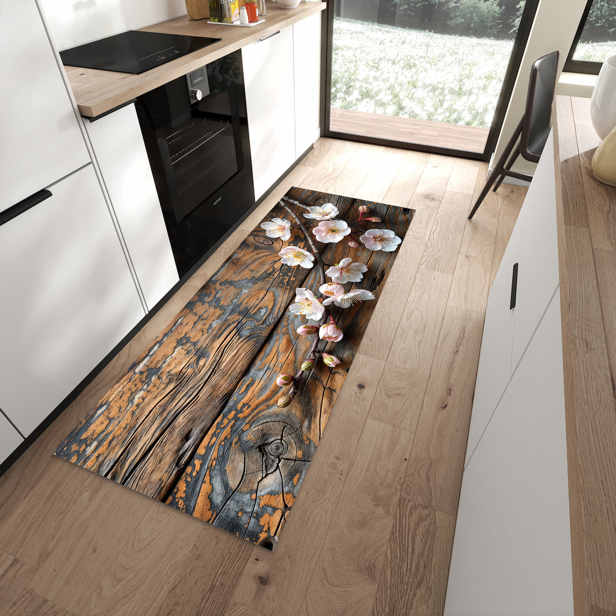 Langlebiger Bodenläufer mit Motiv Kirschblüten Holz in moderner Küche