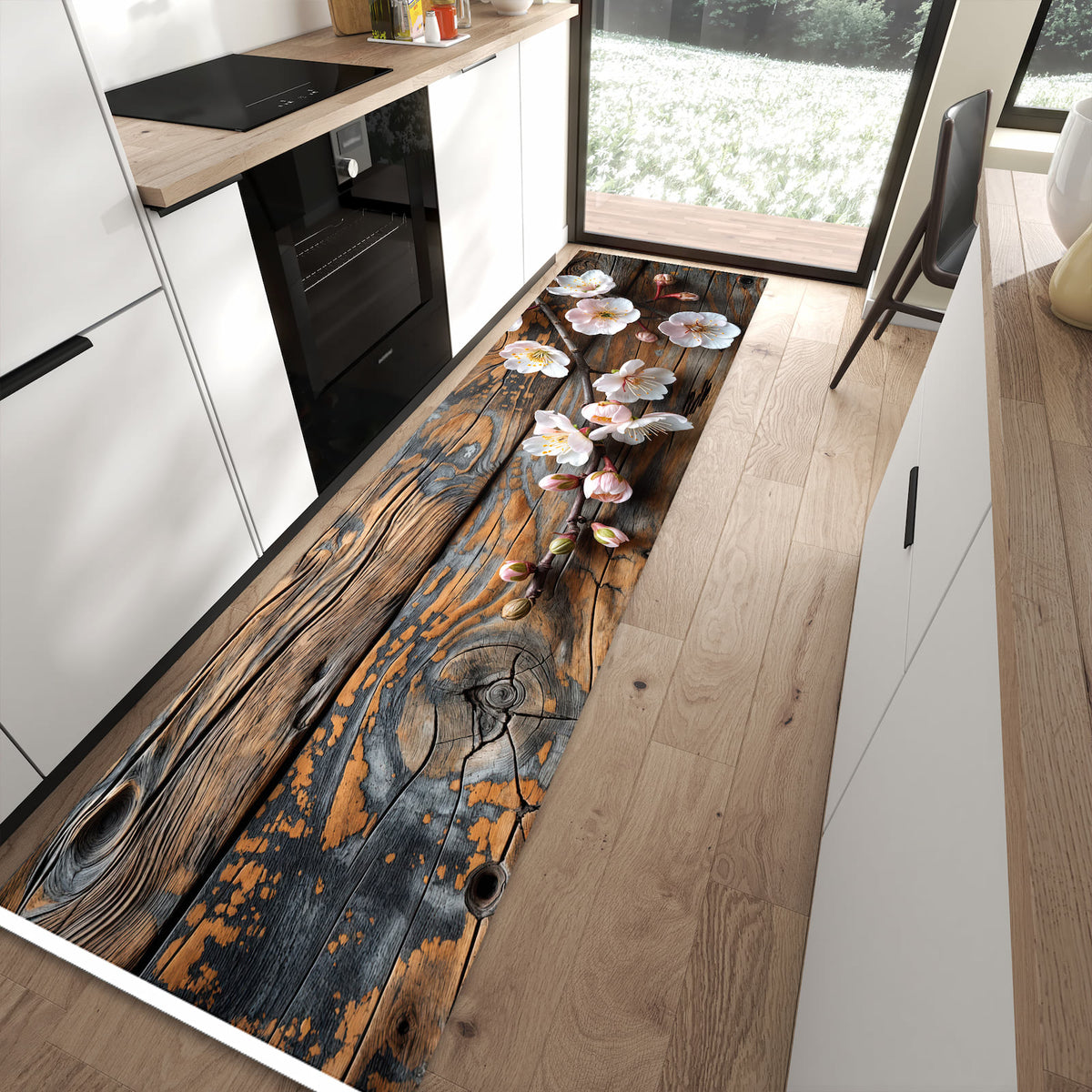 Komfortabler waschbarer Küchenteppich mit Motiv Kirschblüten Holz in moderner Küche