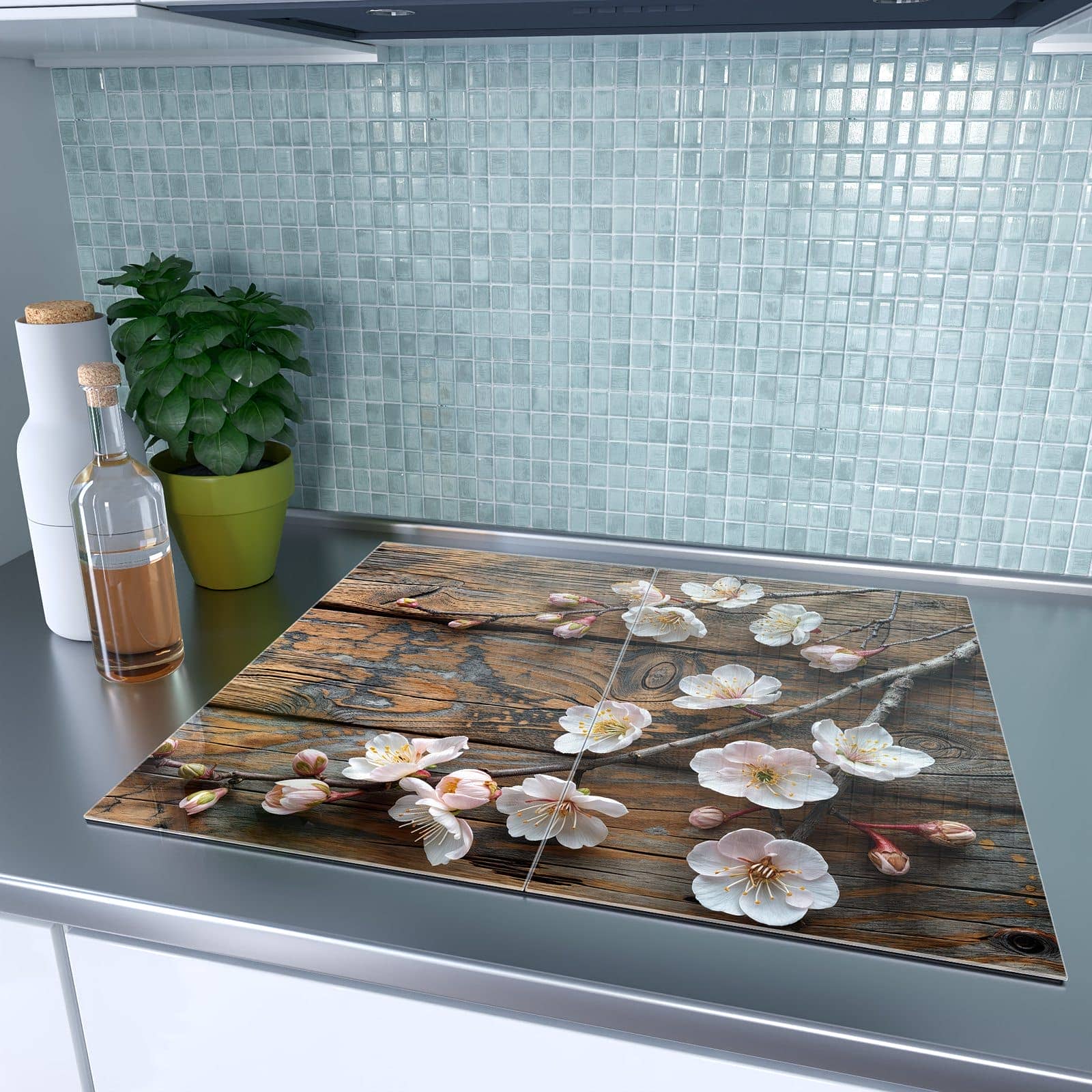2-teilige Herdabdeckplatte mit Kirschblüten Holz-Motiv auf dem Ceranfeld