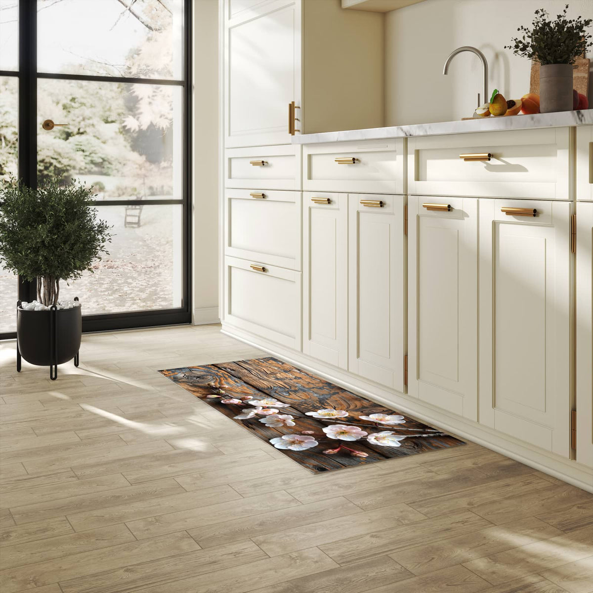 Komfortabler Küchenläufer mit Motiv Kirschblüten Holz in heller Küche